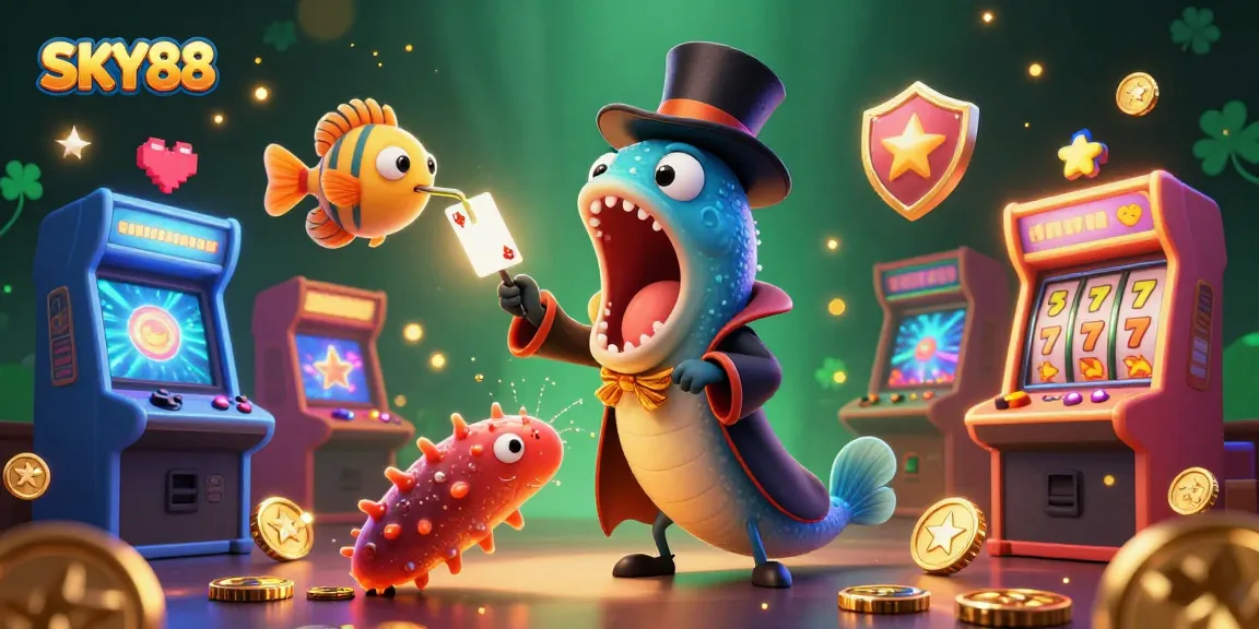 SKY88 enchanting casino scene showcasing a bioluminescent eel magician performing card tricks.