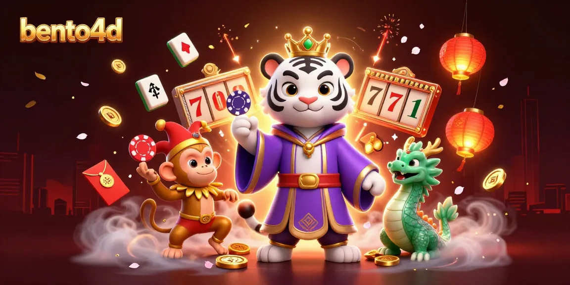 Bento4d mengundang keberuntungan dengan harimau mewah, monyet bermain, dan naga giok di tengah elemen kasino yang berwarna-warni.