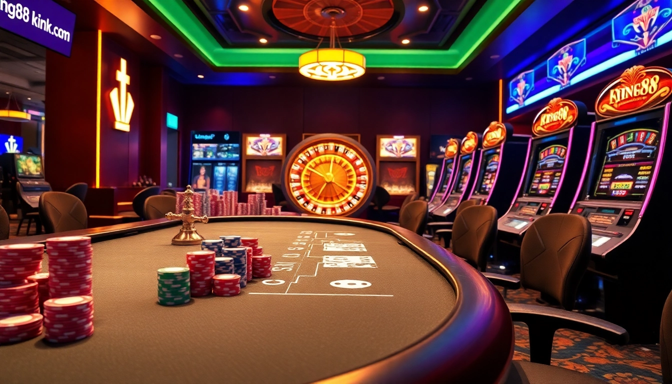 Excited players enjoying a luxurious king88 gaming experience at a vibrant casino table.