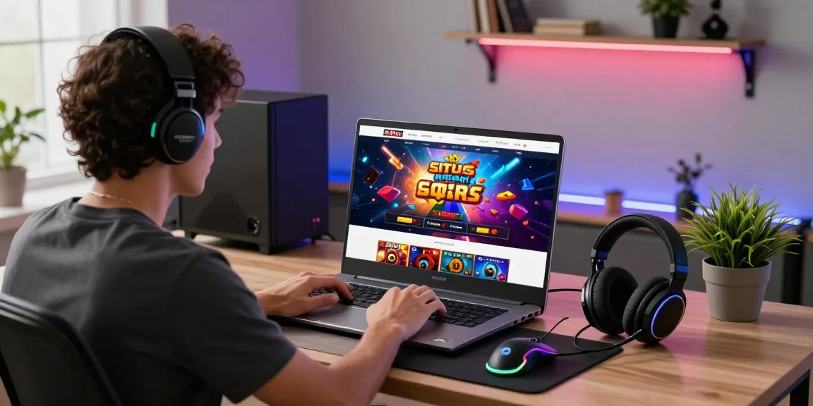 Engaging situs slot qris online gaming scene with user at home workstation.