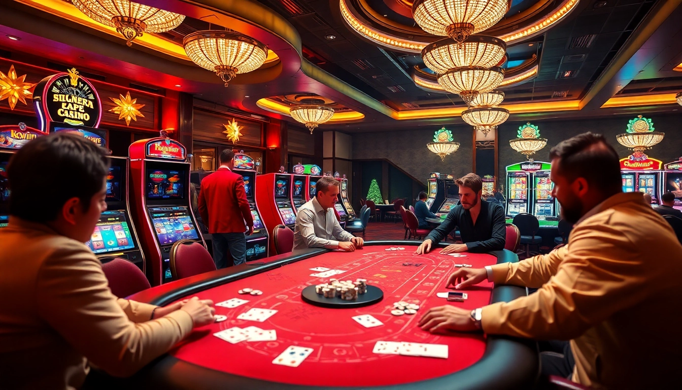 Players enjoying high-stakes games at a luxurious kkwin casino, surrounded by vibrant slot machines.