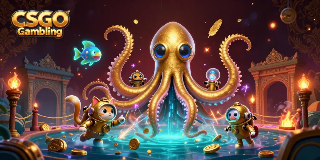 Experience CSGO Gambling with an epic scene featuring a kraken, diving cat, and treasures.
