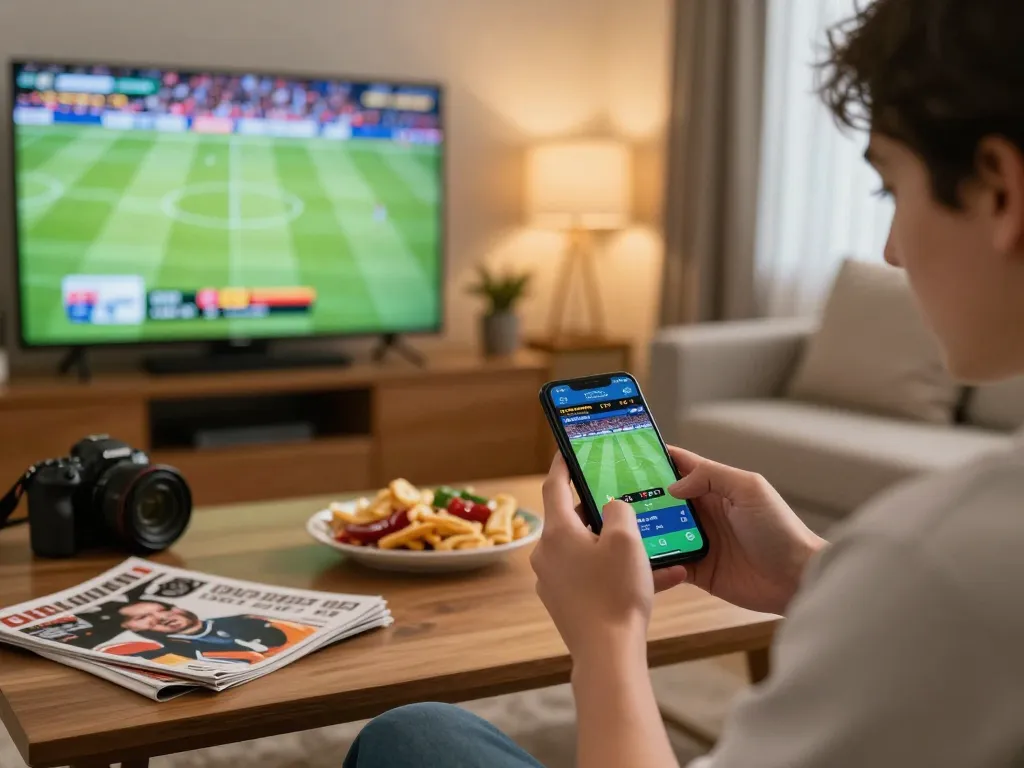 Kèo nhà cái hôm nay: Engaged sports bettor placing bets on a smartphone in a cozy living room.