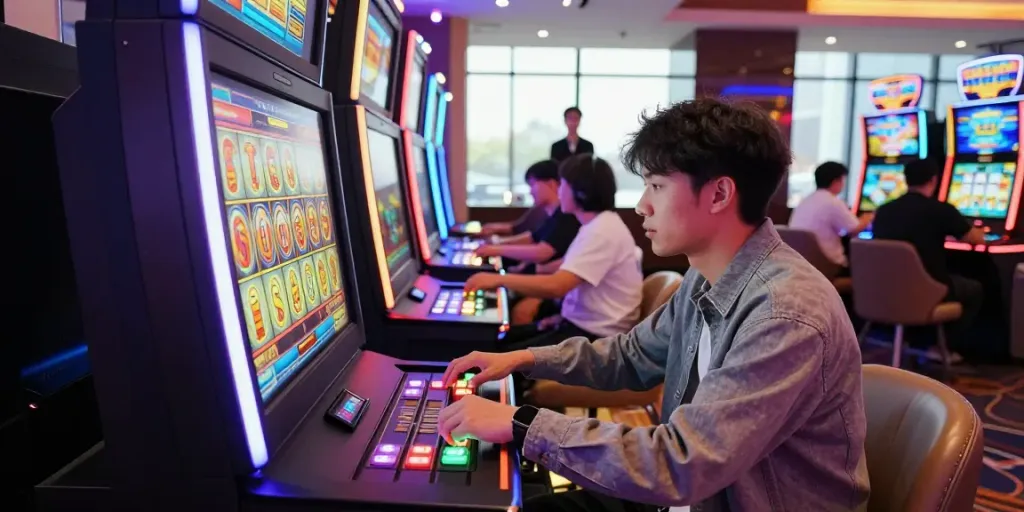 Pemain terfokus pada mesin Mahjong Slot di kasino yang penuh warna dan energi tinggi, menunjukkan pengalaman bermain yang mendebarkan.