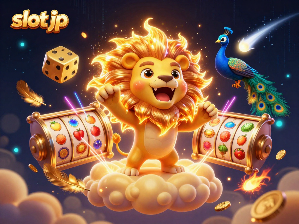 Experience the thrill of slot jp with vibrant spinning reels and golden dice amidst a captivating celestial backdrop.