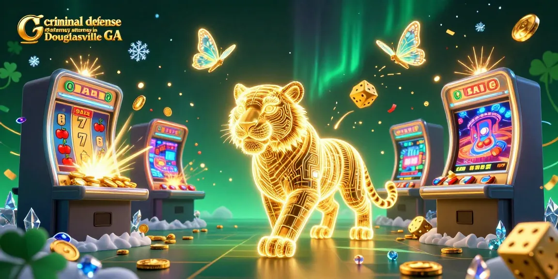 Engaging scene showcasing a golden tiger among casino elements, highlighting criminal defense attorney in Douglasville GA.