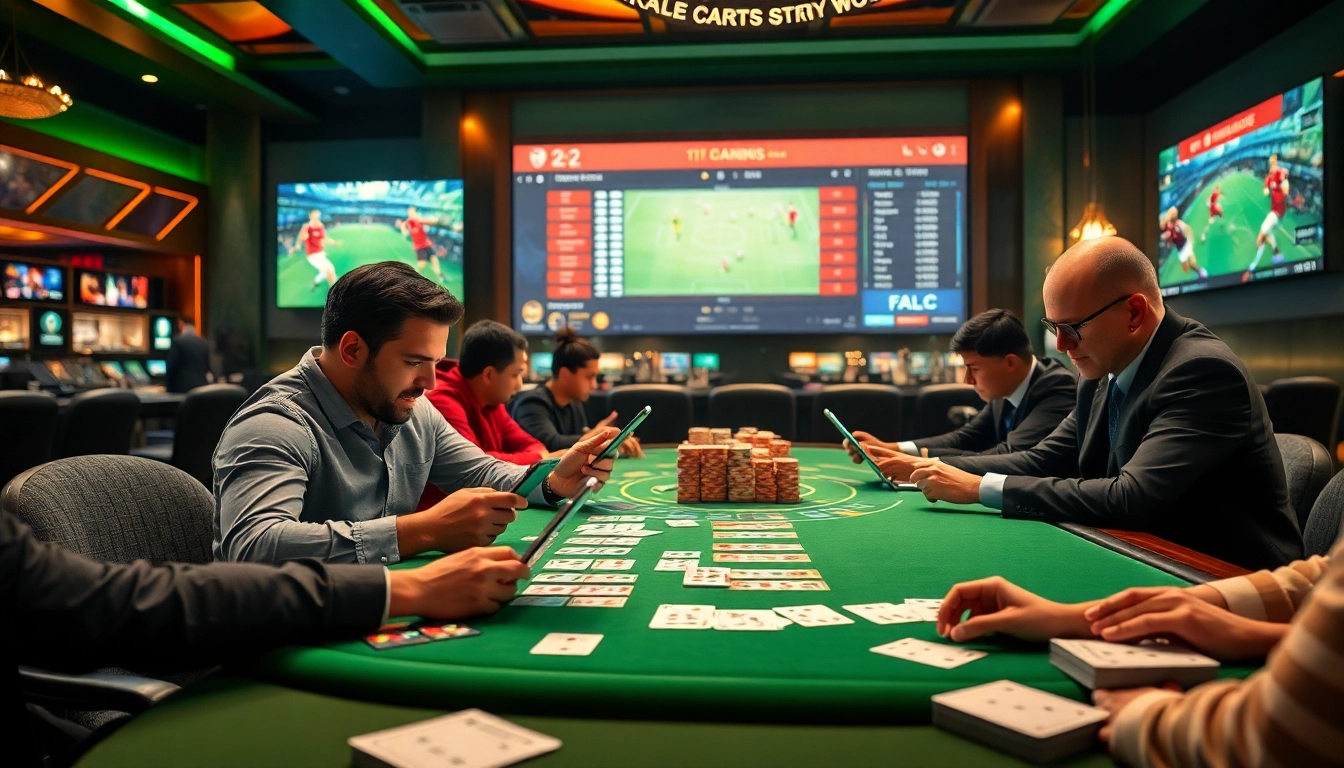 เทคนิคแทงบอล strategies in a luxurious casino setting with players analyzing odds.
