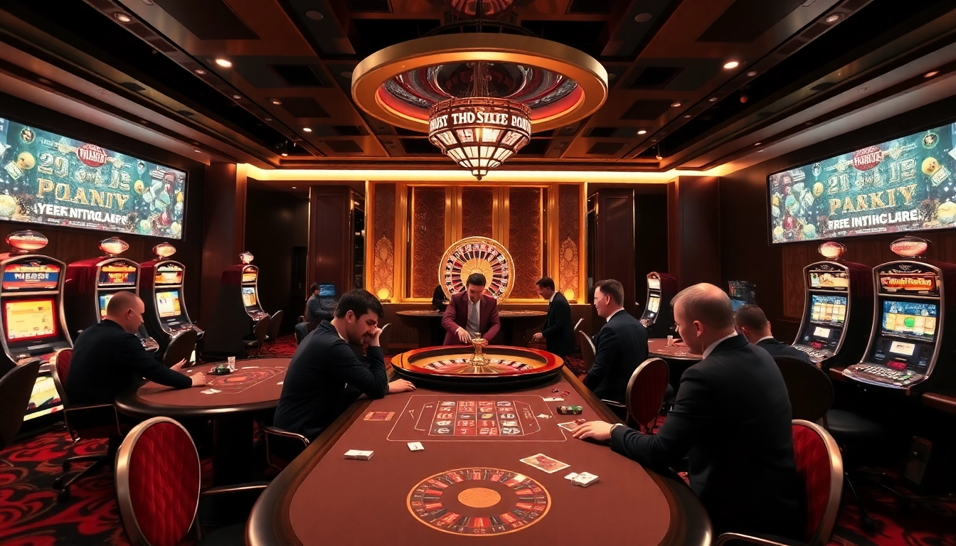 Players enjoying high-stakes gaming at THABET casino featuring poker tables and slot machines.