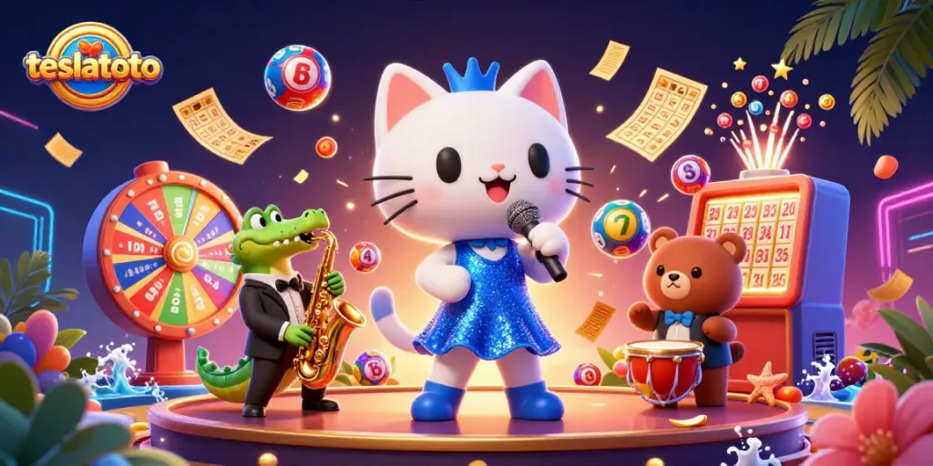 Experience the excitement of teslatoto with vibrant characters amidst colorful lottery themes.