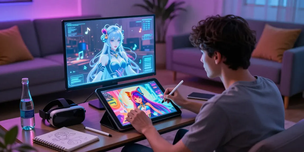 AI NSFW interactive scene with user exploring vibrant character designs, cozy room ambiance enhancing creative exploration.