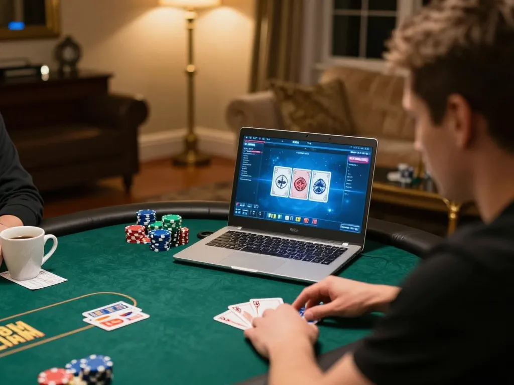 Player engaging in a strategic online poker game on 32win platform with focused concentration
