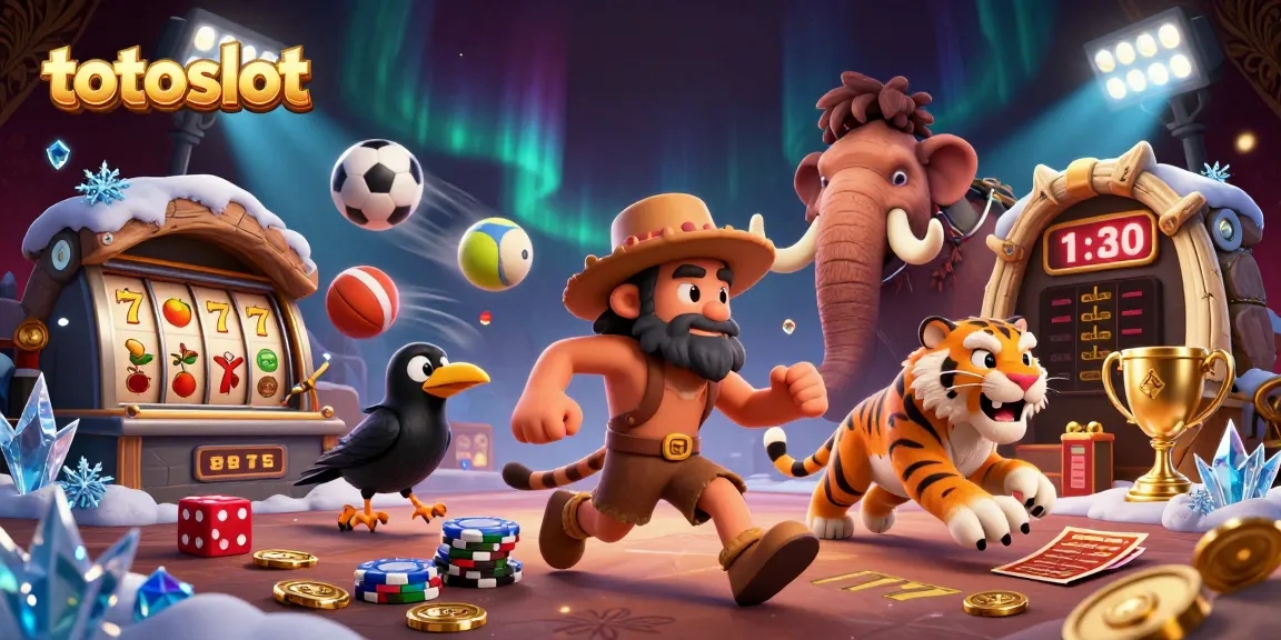 Totoslot brings excitement with a caveman and tiger duo managing a vibrant casino scene.
