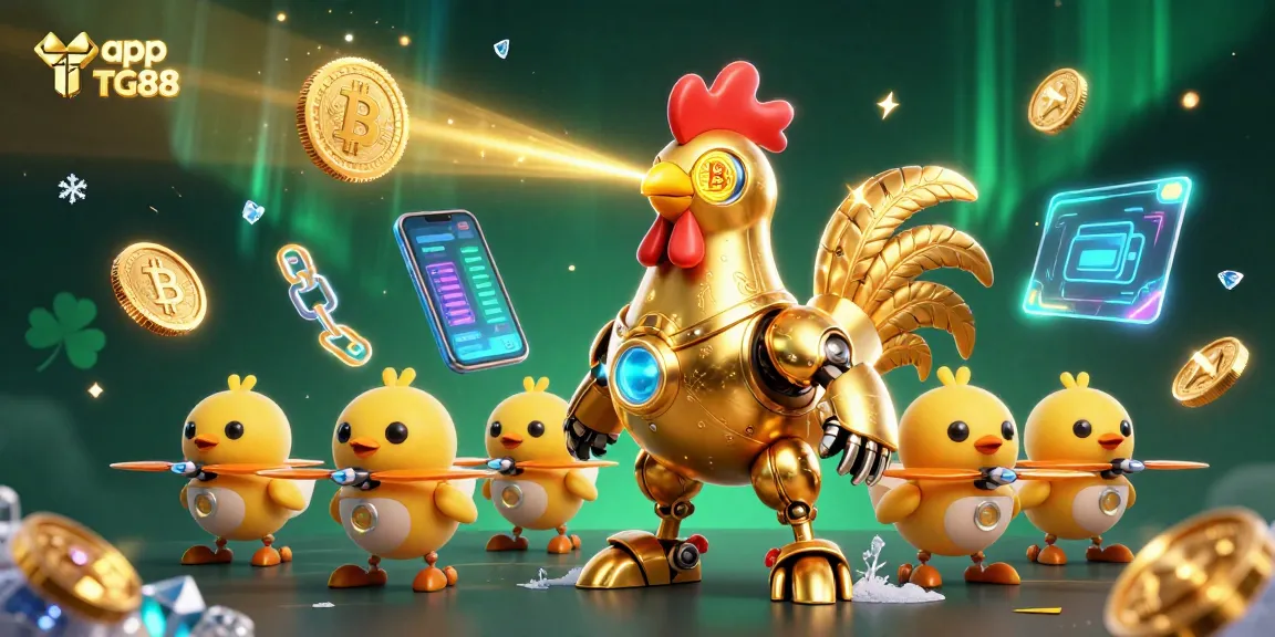 Engage with the app TG88, featuring a golden rooster robot shooting lasers in a vibrant casino scene.