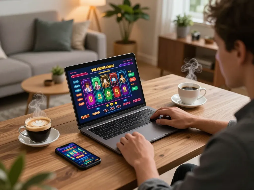 Player engaged with 99OK online casino platform on laptop while enjoying a cozy home setting.