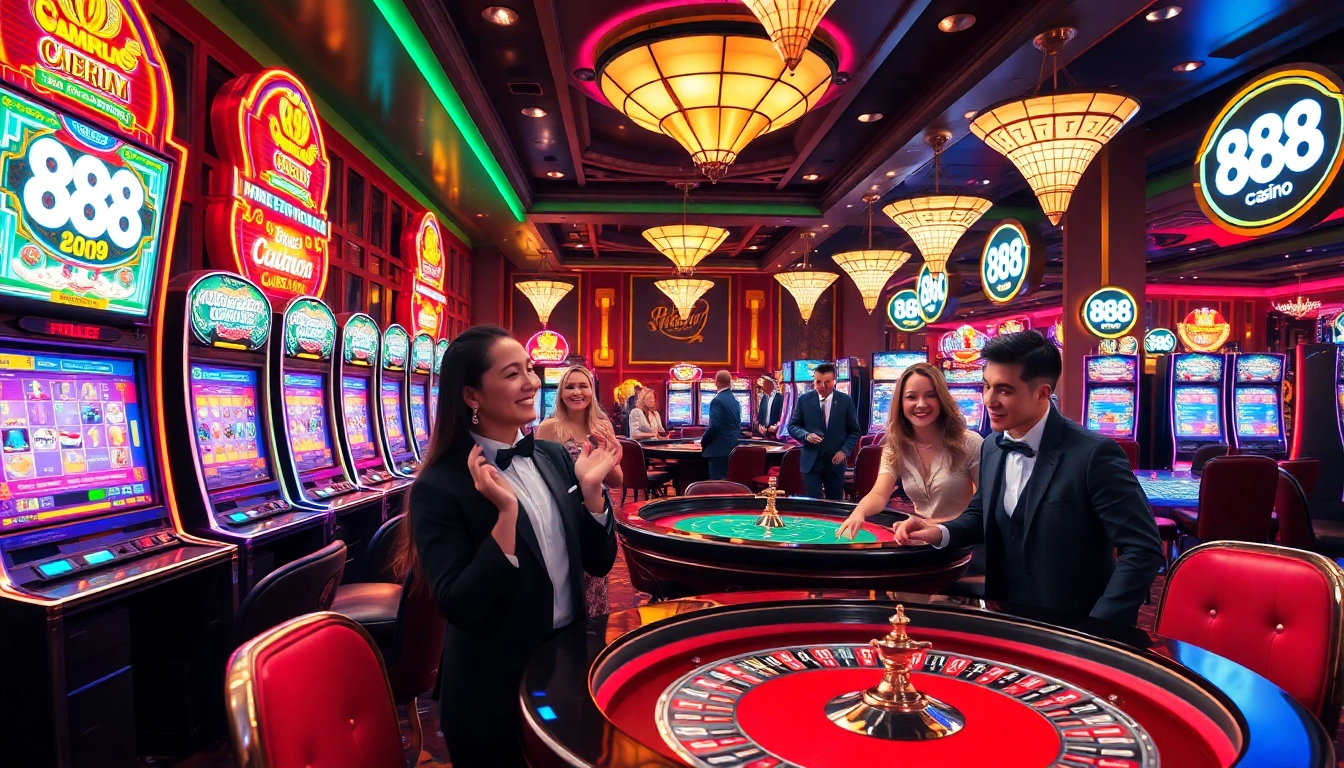 Gamblers enjoy a luxurious experience at 88i casino tables with vibrant slot machines.
