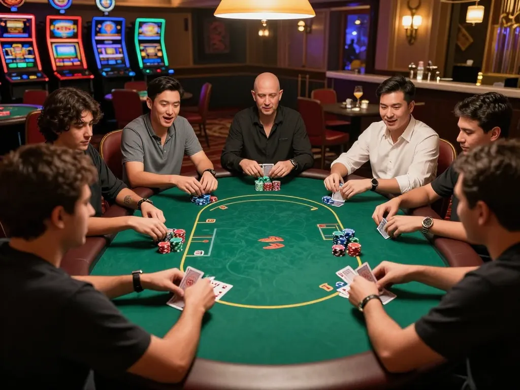 Engaging poker game scene showcasing caricature Chatgpt players at the table, emphasizing strategic card gameplay with chips and cards.