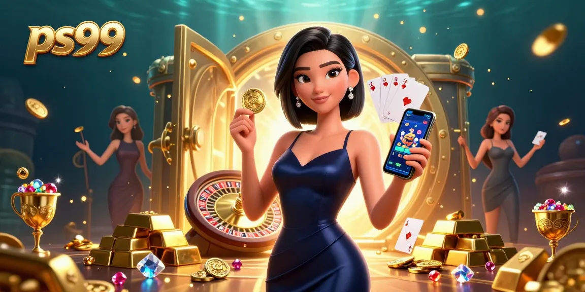 Play exciting casino games with ps99, featuring a confident Asian woman and dynamic gaming elements.