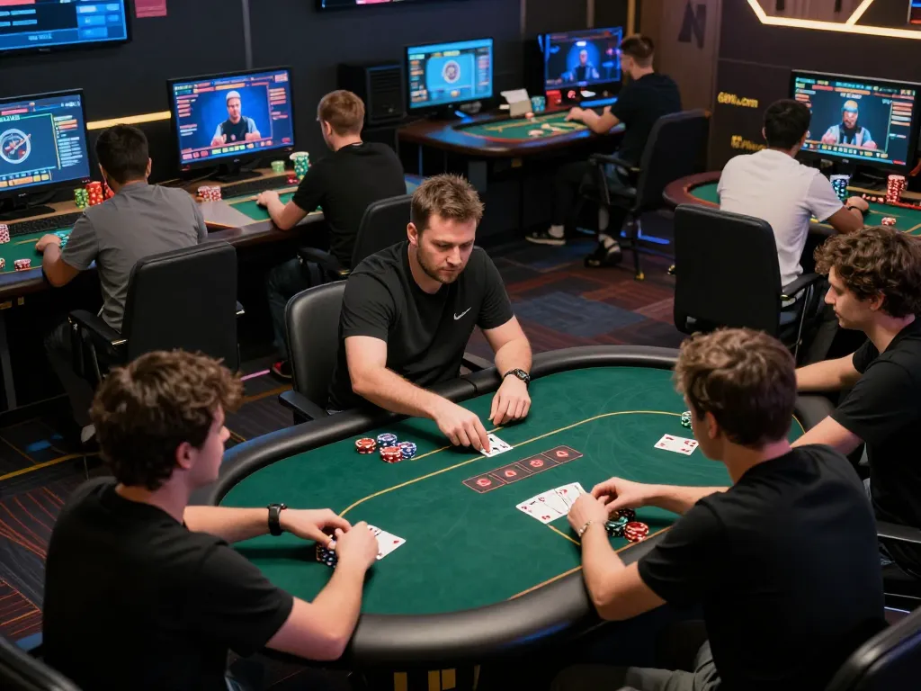 Players strategizing during an intense online poker session at 68win.com, featuring dynamic gameplay.