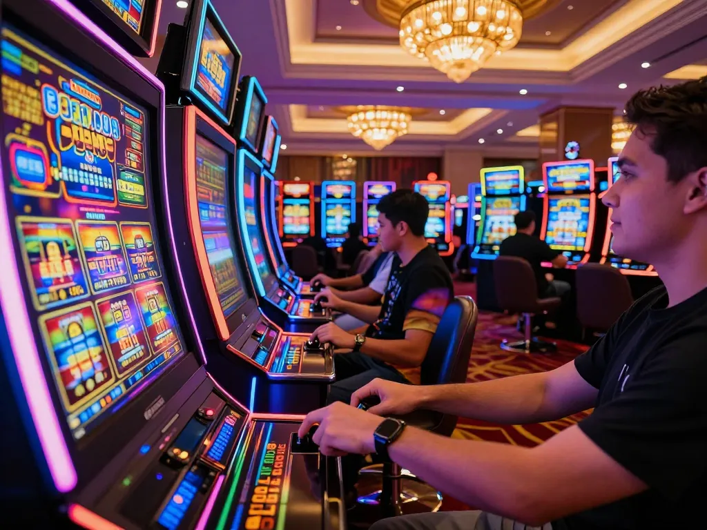 Engaged player experiencing excitement with slot gacor machine, showcasing vibrant casino atmosphere and thrilling action.