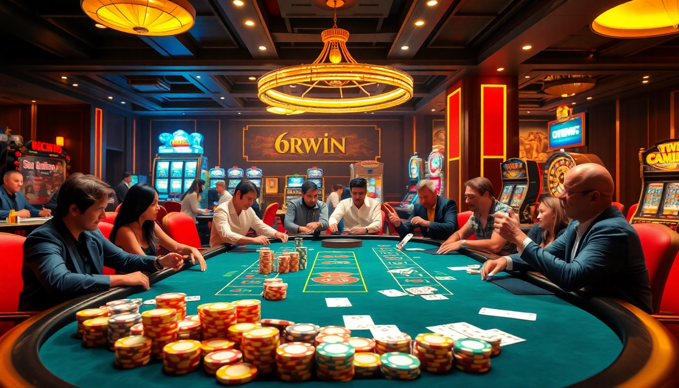 Engage in thrilling gameplay at 6RWIN with vibrant casino tables, chips, and exciting betting activities.