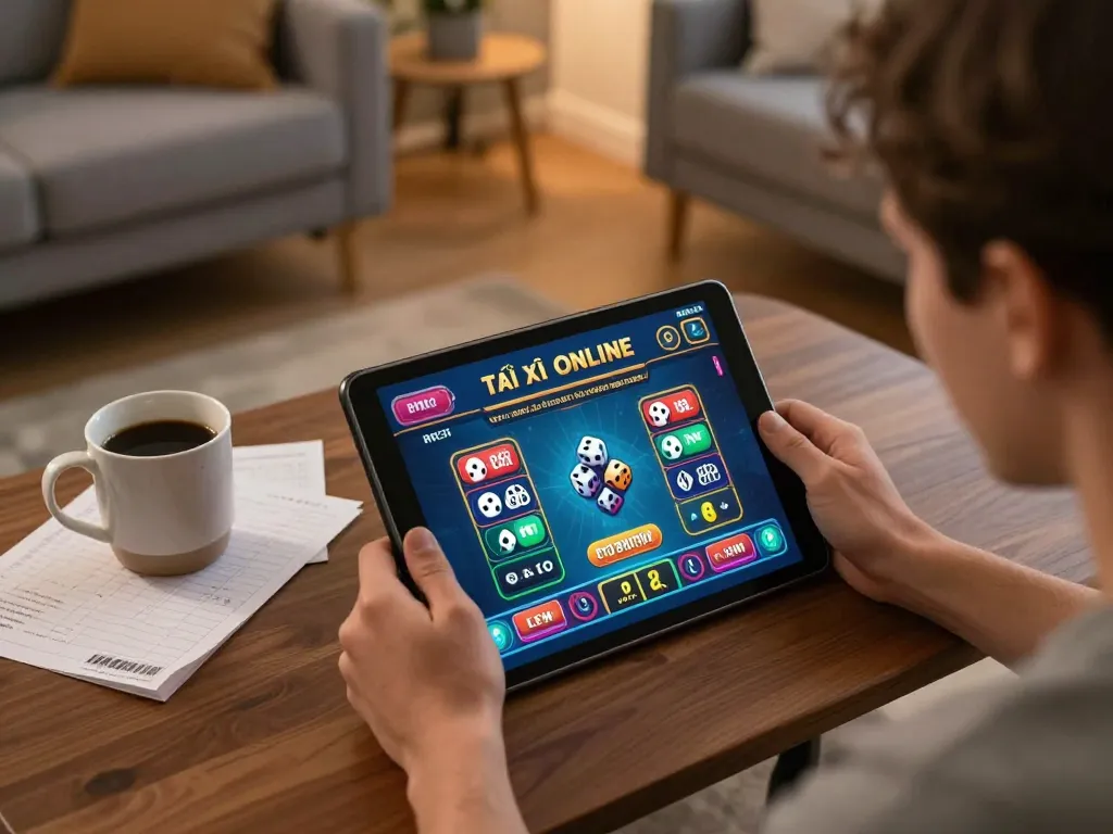 Tài xỉu online gameplay on a tablet showcasing engaging betting options and dice, in a cozy home setting.