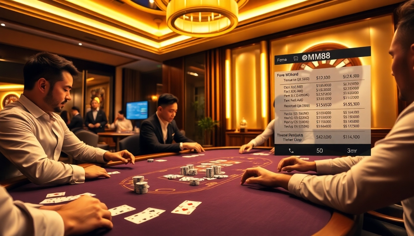 MM88 players competing at a luxurious poker table, showcasing excitement and luxury.