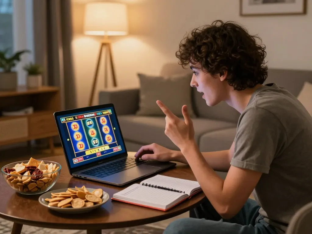 Pengalaman gaming online BAYITOTO menunjukkan pemain yang menikmati permainan Slot Toto di rumah dengan lingkungan yang menarik.