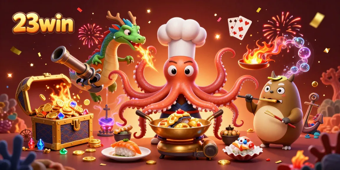 Engage with 23win's vibrant casino scene featuring an octopus chef and a dragon amidst exciting gaming elements.