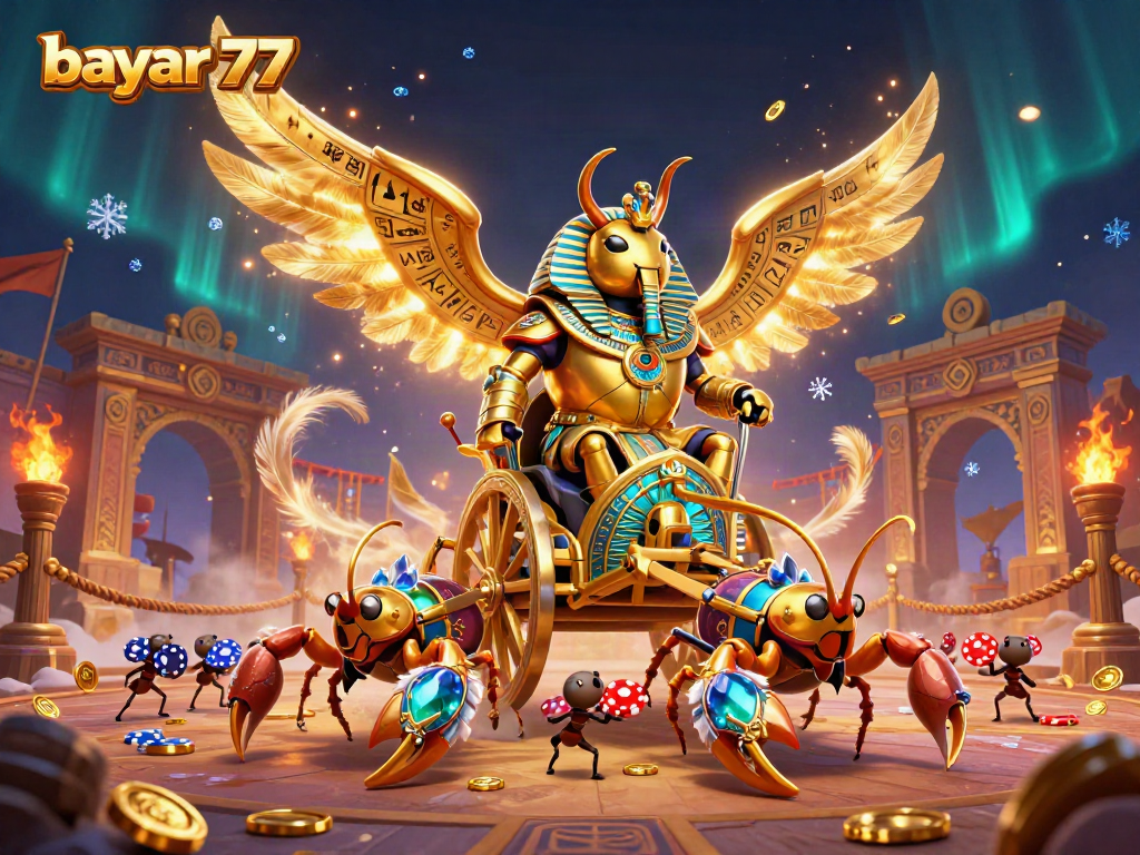Experience seamless gameplay with bayar 77 amidst a lavish casino ambiance filled with golden coins and vibrant characters.