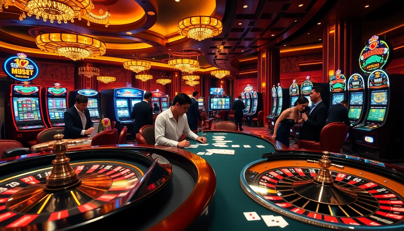 Engaged gamblers at mm88-themed poker and roulette tables in a vibrant casino scene.