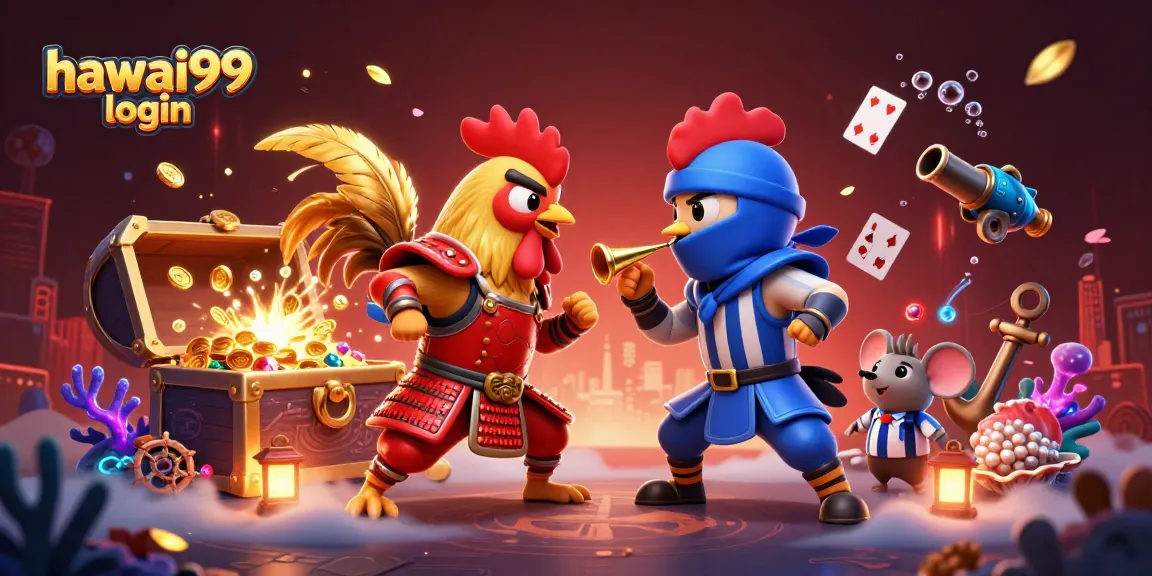 Experience the hawai99 login excitement with battling roosters and vibrant casino elements.