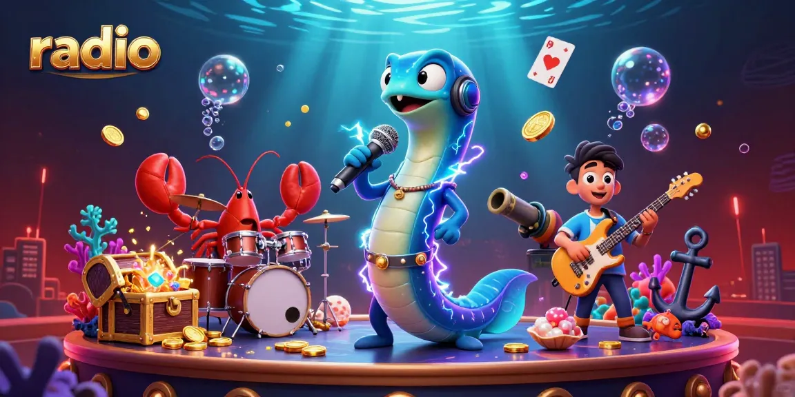 A vibrant underwater casino scene with DJ eel, lobster drummer, and seahorse guitarist performing music with radio elements.