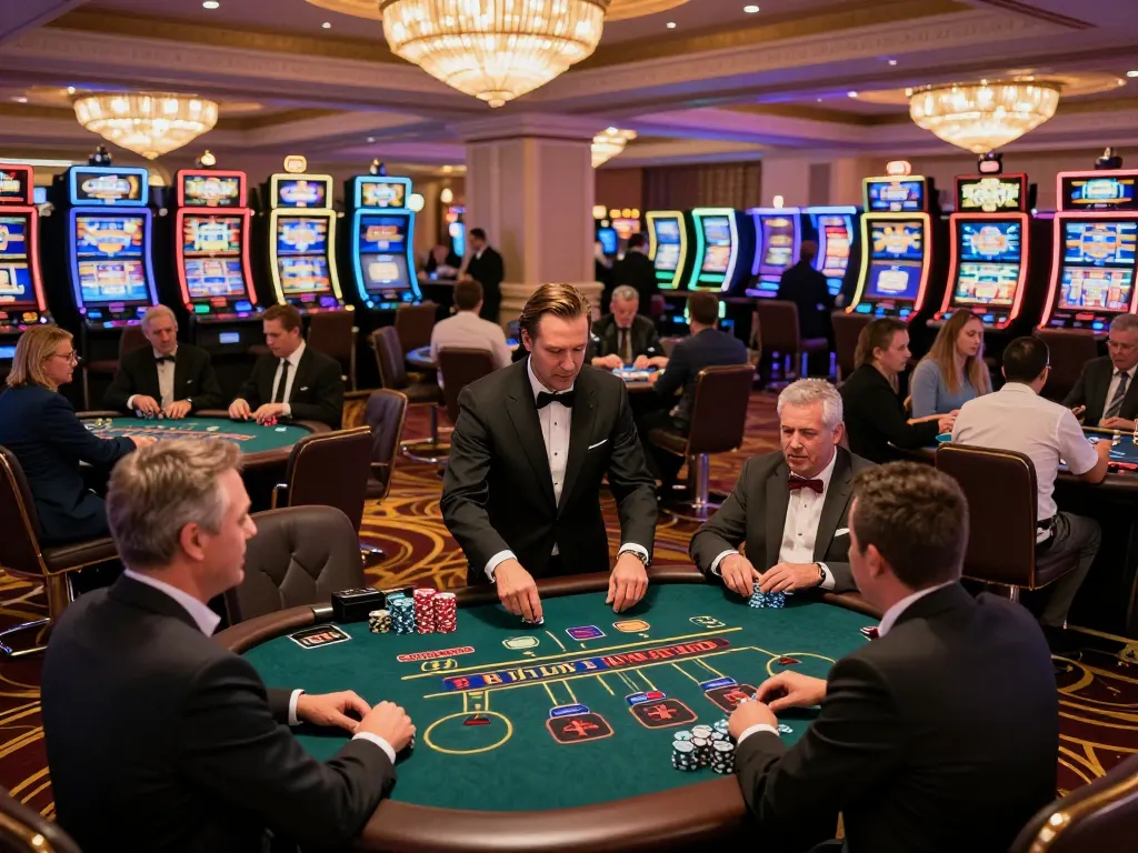 Engaged blackjack players at a bustling Las Vegas casino, a scene highlighting badak178’s vibrant gaming atmosphere