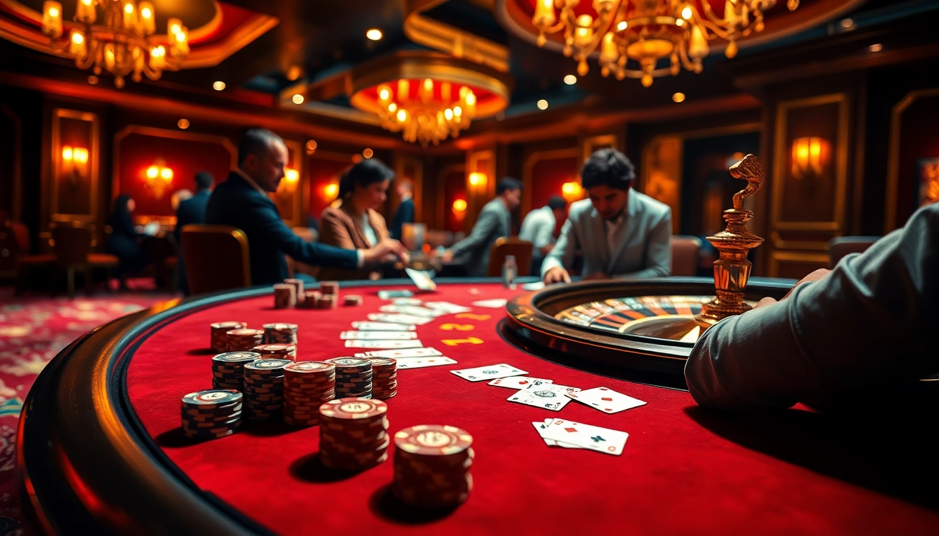 Engaging players at a PU88 poker table amidst excitement and luxury in a vibrant casino setting.