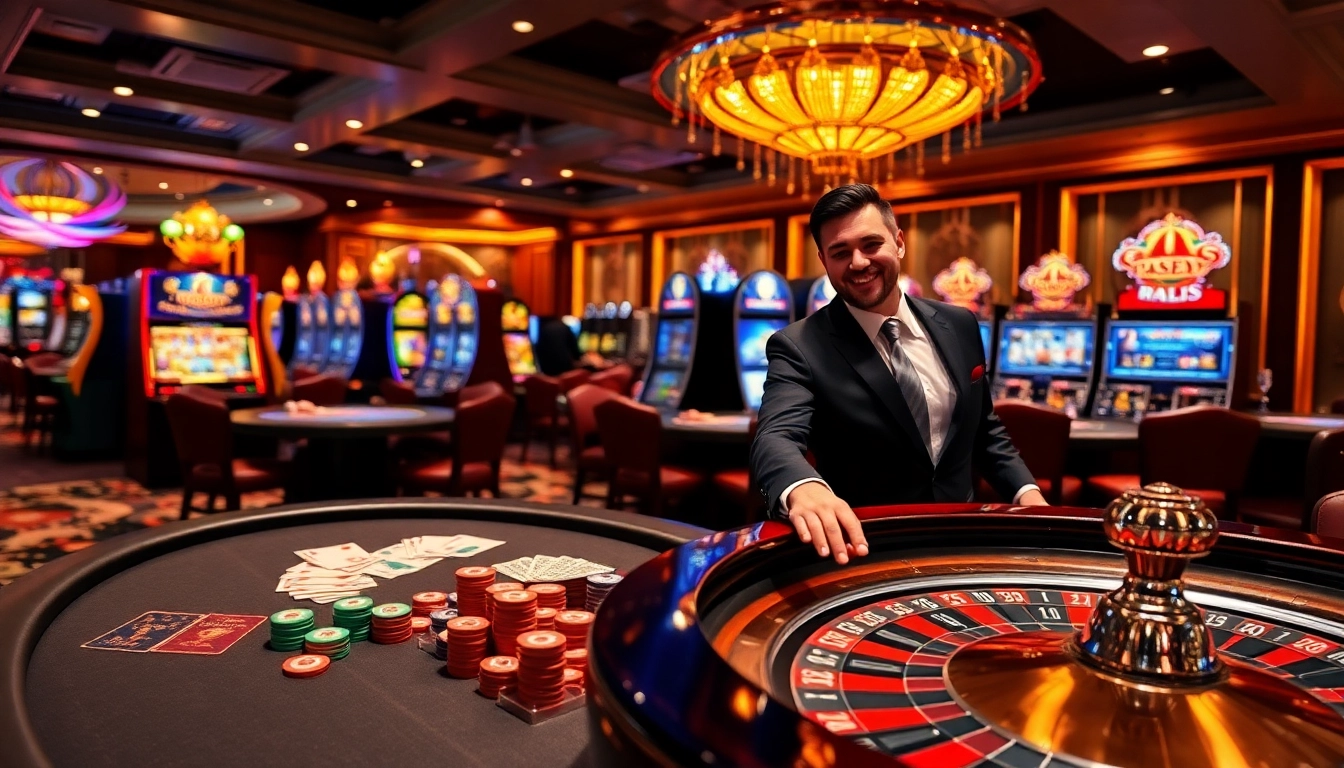The ambiance of an exciting casino featuring 789p gaming elements, poker table chips, and roulette wheel.