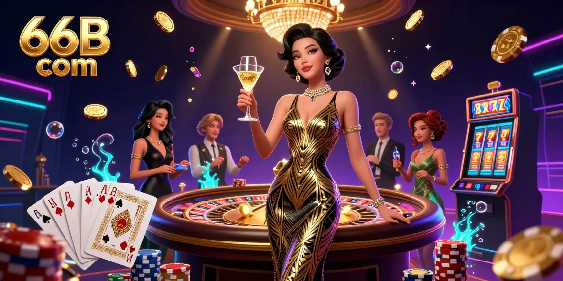 Experience the excitement of 66B com with elegant characters amidst floating coins and slots.