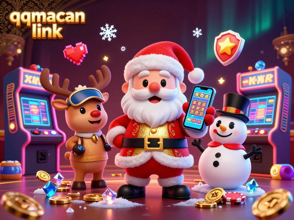 Spin the reels with "qqmacan link" in this vibrant casino scene featuring Santa and his friends.
