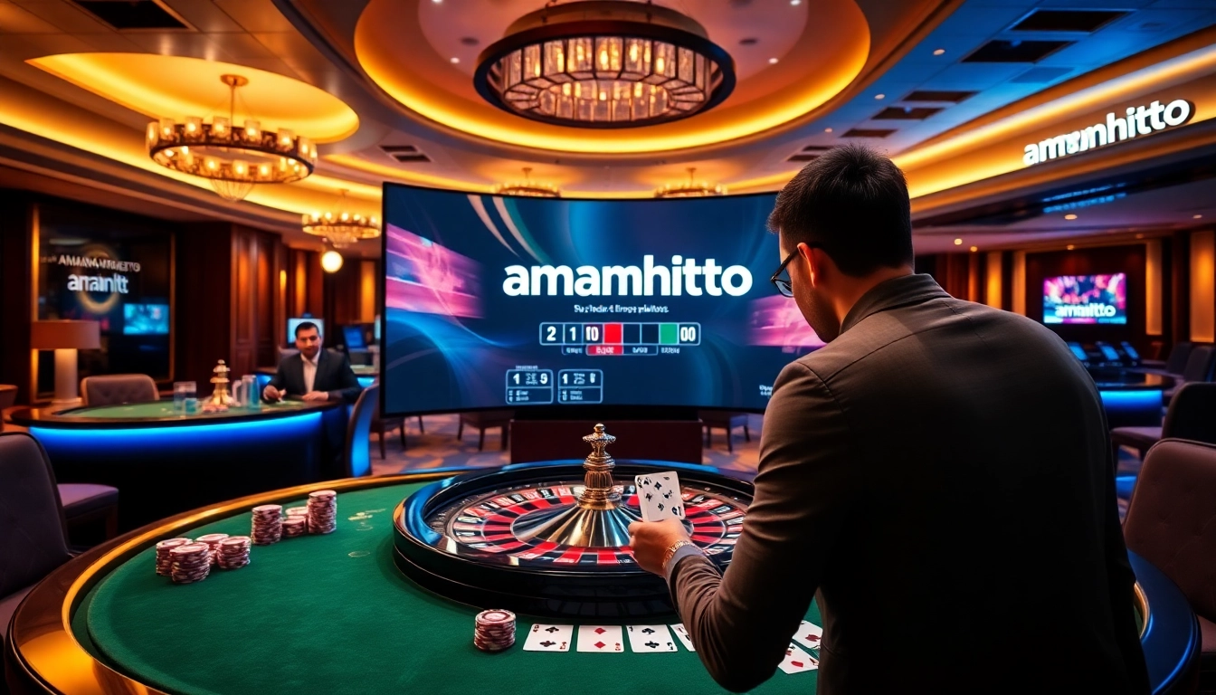 Strategic gamer placing secure bets on amanahtoto digital platform amid casino chips and roulette wheel