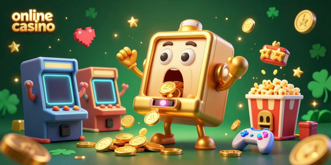 Experience the excitement of an online casino with a 3D golden slot machine celebrating its jackpot.