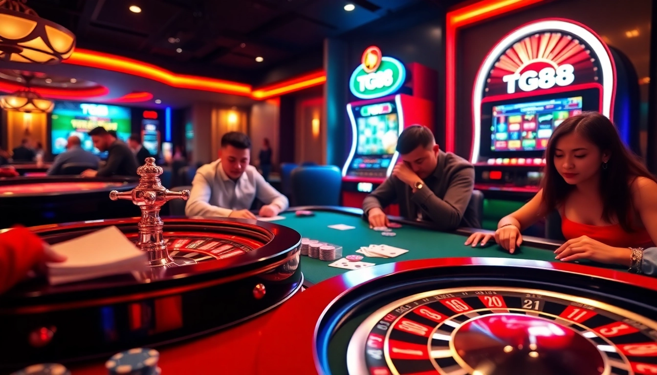 Gamble with excitement at the TG88-themed casino table with poker and roulette action.
