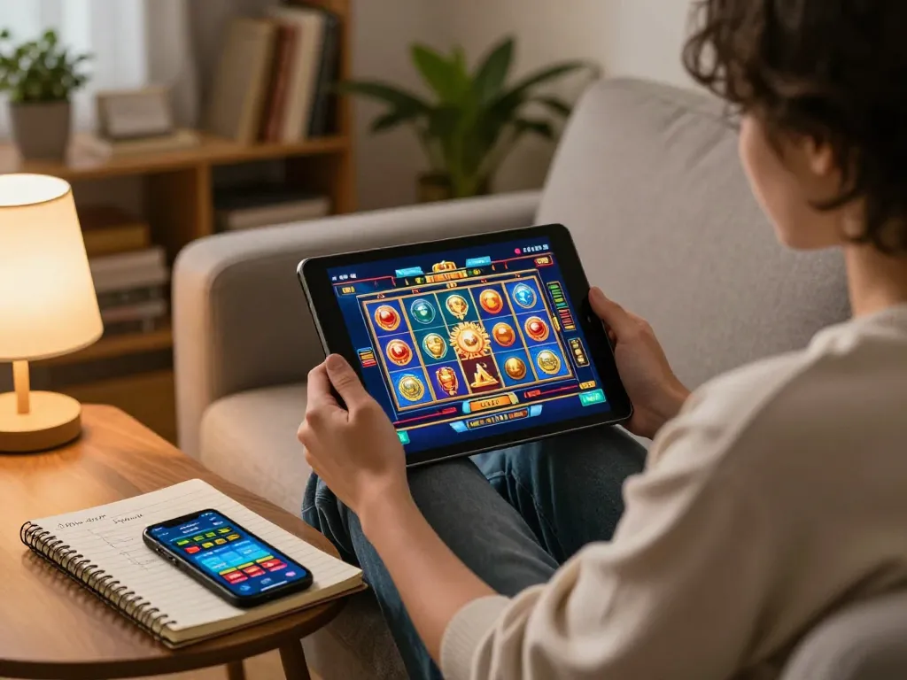 Player enjoying thrilling online games on open88 com tablet amidst warm home ambiance.