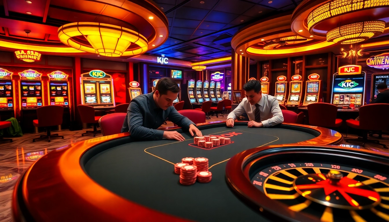 KJC branded casino scene featuring a luxurious poker table and vibrant chips.