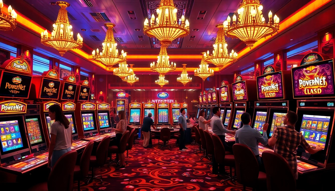 Gamblers celebrating wins at PowerNet-branded slot machines in a luxury casino setting.
