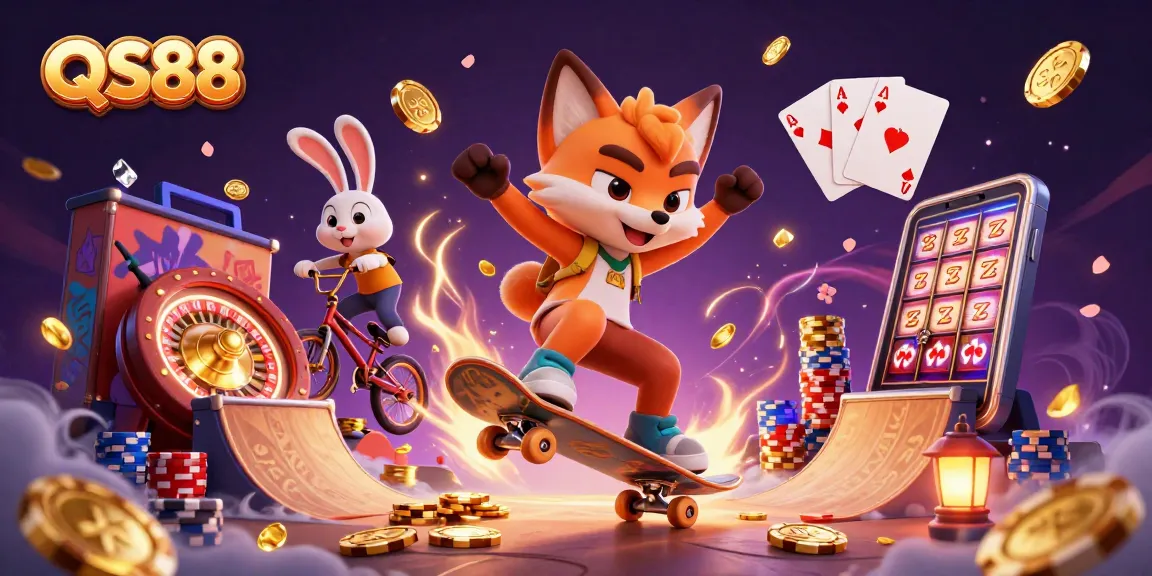 Join the excitement at QS88 with a playful fox and rabbit amidst a vibrant casino scene.