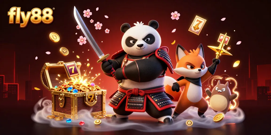 Engage with fly88's thrilling casino scene featuring a samurai panda, ninja fox, and exciting game elements.