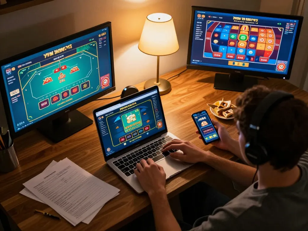 Engaging online gaming scene showcasing a user exploring 23vn23 casino with laptop and smartphone.