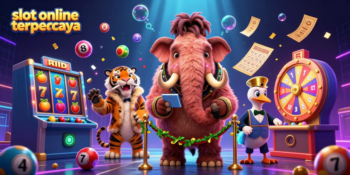 Experience excitement and fun at slot online terpercaya with captivating visuals of slot reels and cheerful casino characters.