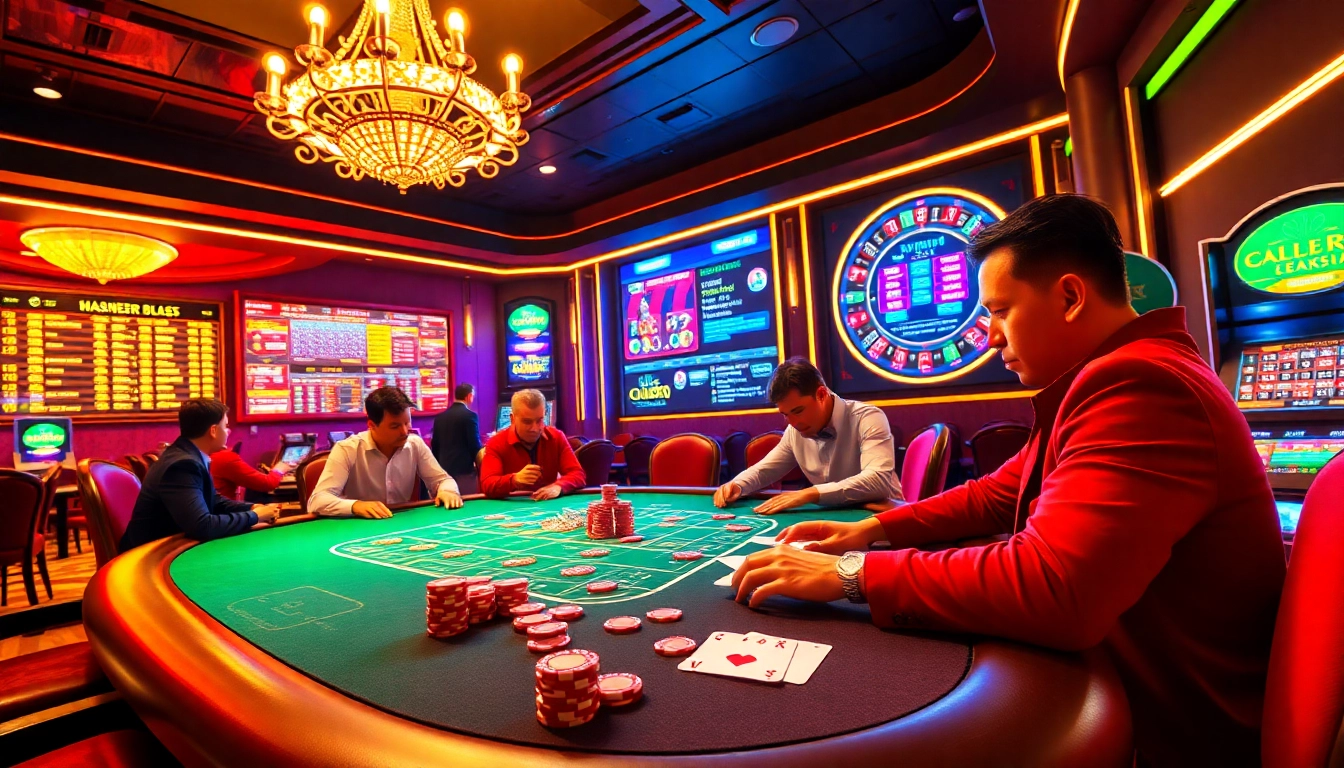 Exciting poker gameplay at https://mm88.bar/ with chips and roulette wheel in a vibrant casino scene.