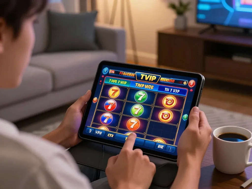 Player engaging with 777vip slots on a tablet in a cozy home environment, showcasing exciting gameplay.