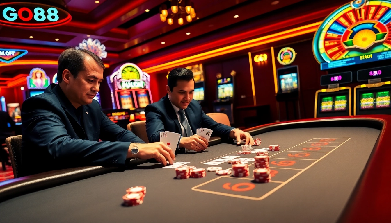 Players enjoying high-stakes poker at GO88's luxurious casino tables.